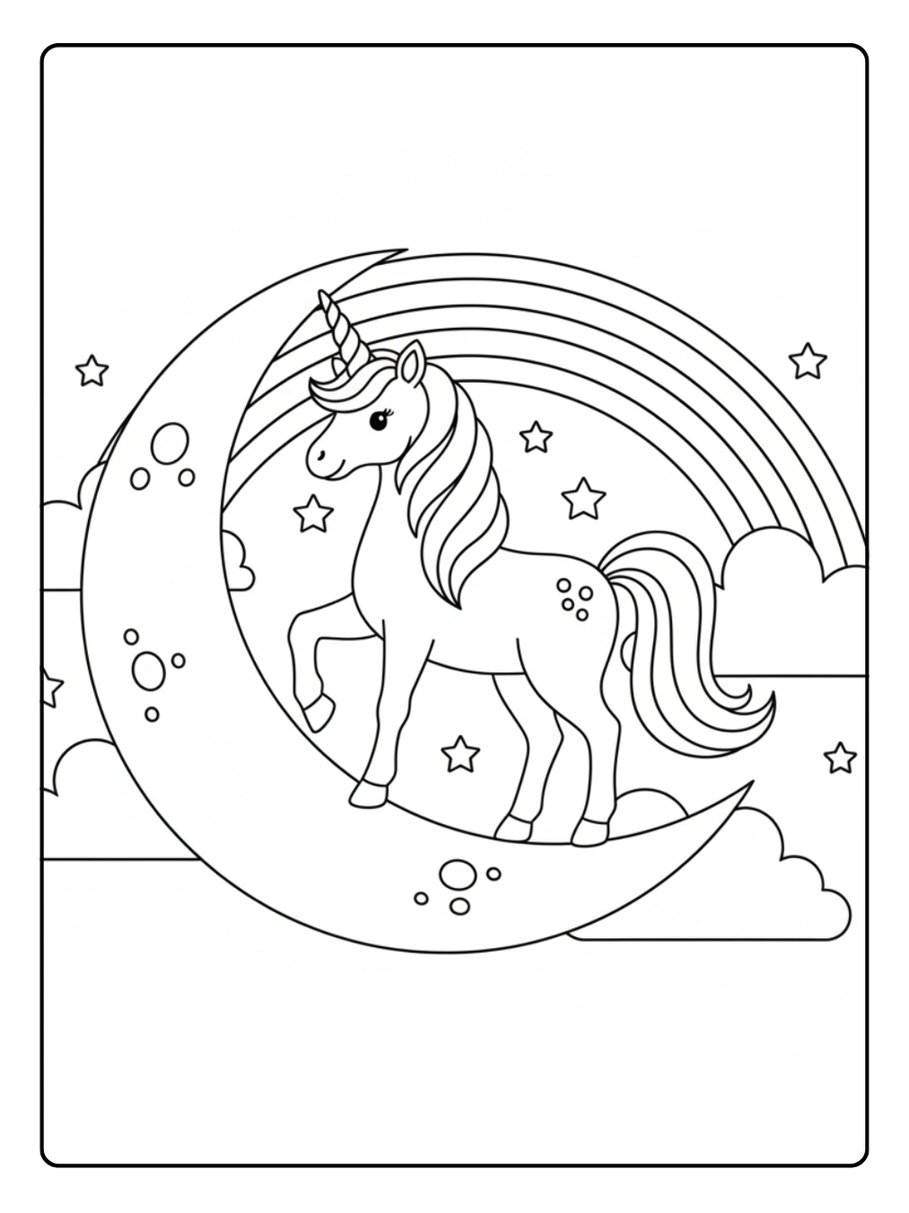 Ausmalbild Regenbogen Einhorn im Mondlicht