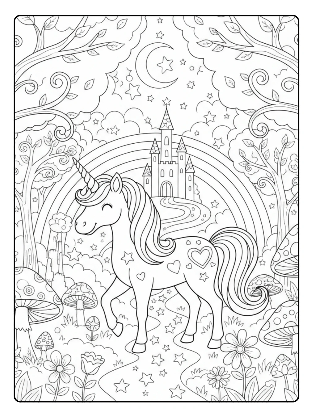 Ausmalbild Regenbogen Einhorn im Zauberwald