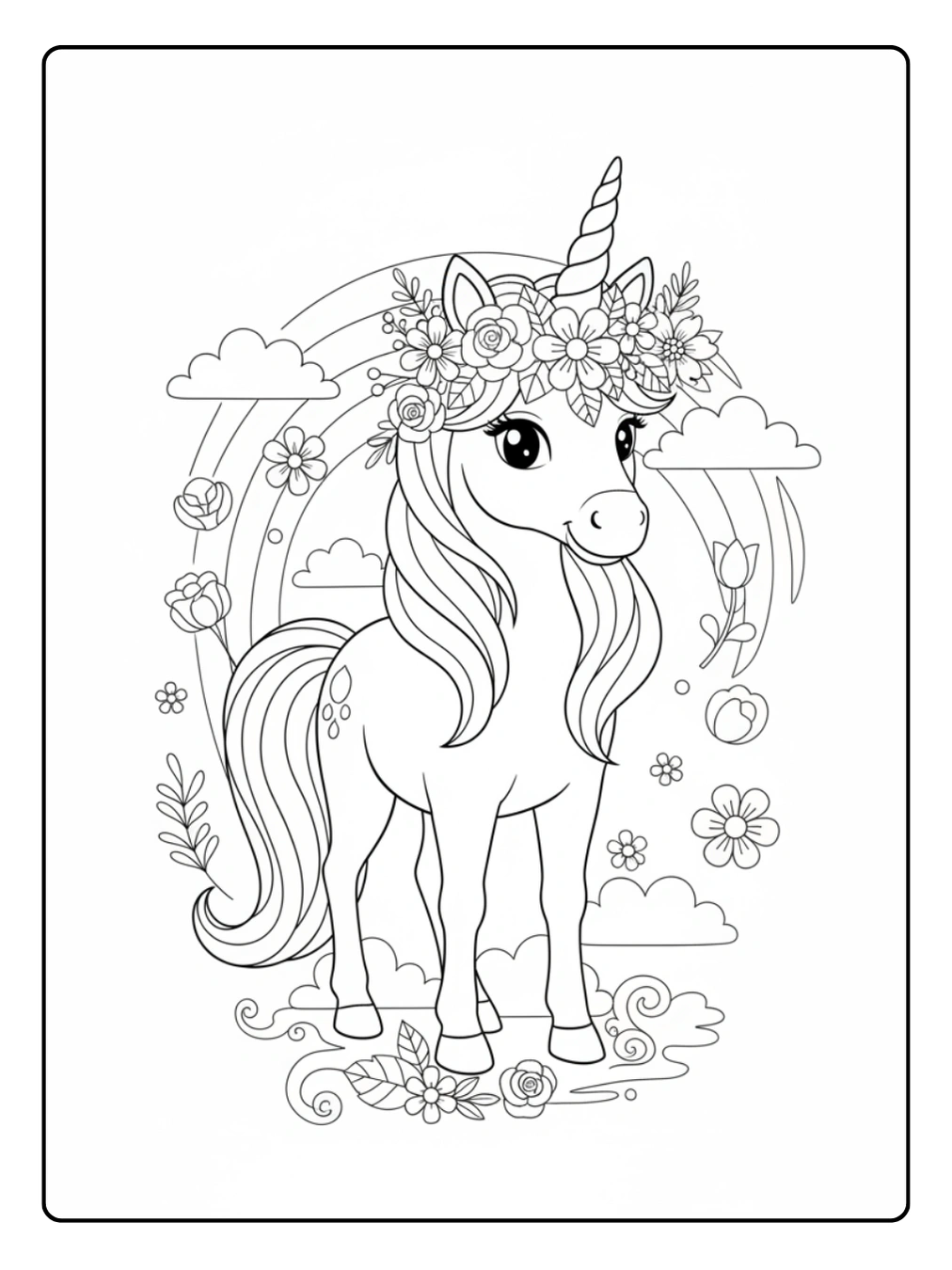 Ausmalbild Regenbogen Einhorn mit Blumenkranz