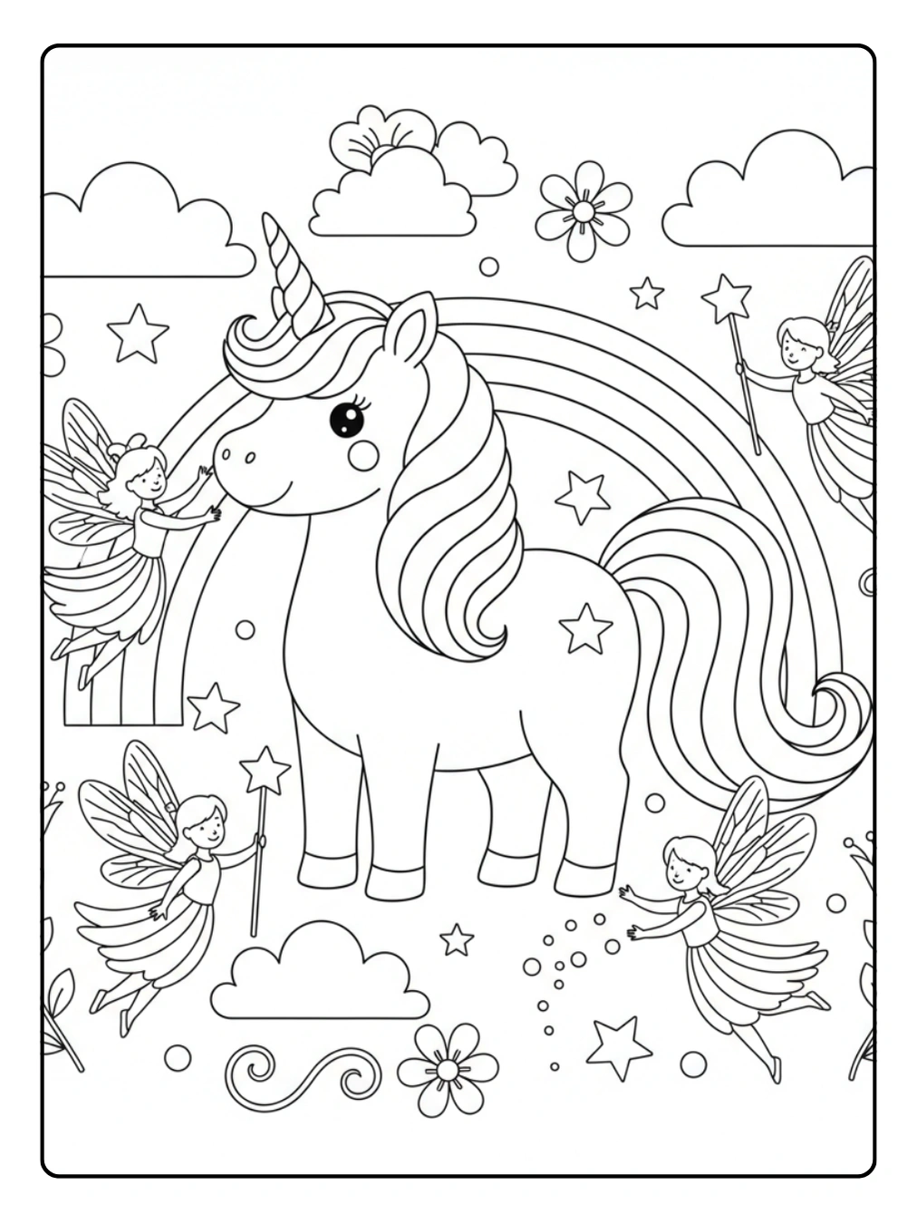 Ausmalbild Regenbogen Einhorn mit Feenbegleitung
