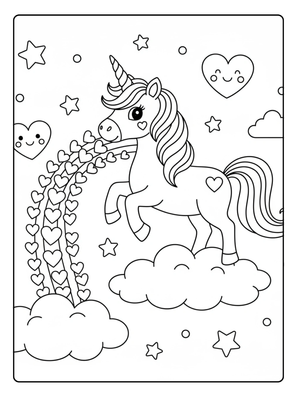 Ausmalbild Regenbogen Einhorn mit Herzregenbogen