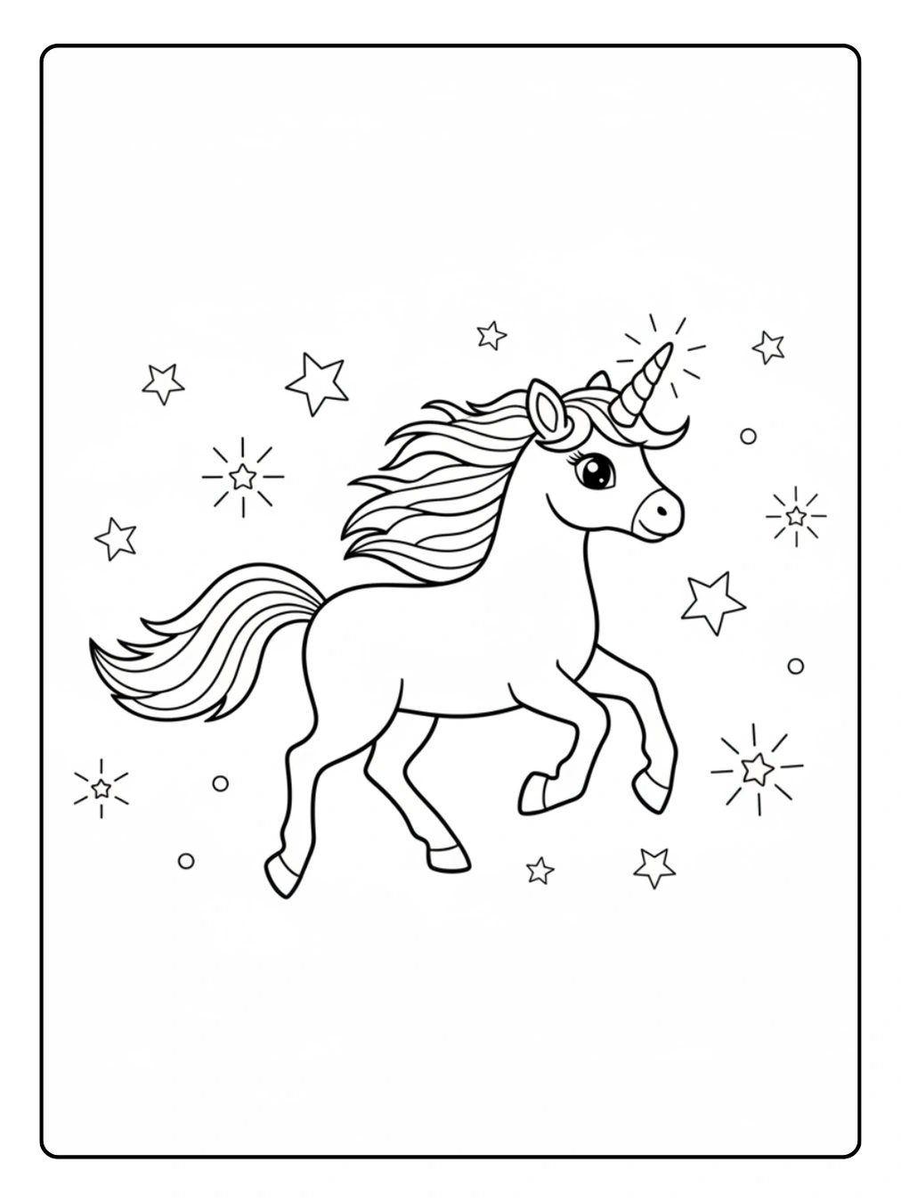 Ausmalbild Regenbogen Einhorn mit funkelnden Sternen