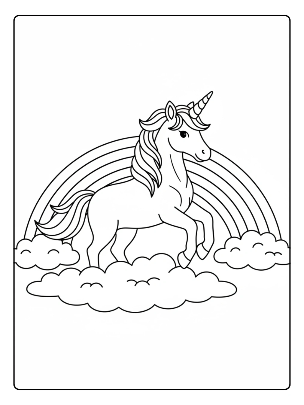 Ausmalbild Regenbogen Einhorn über Wolkenmeer