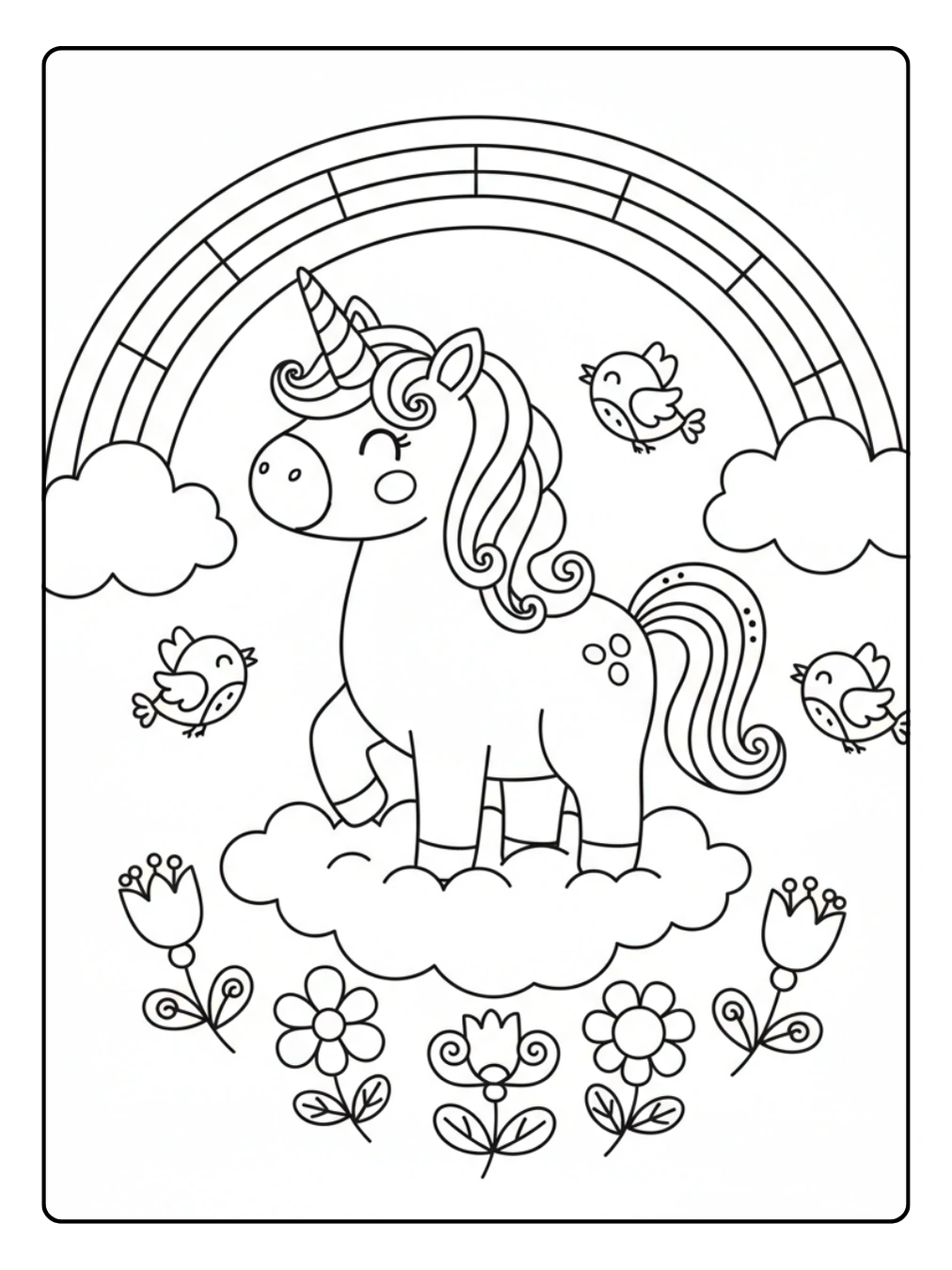 Ausmalbild Regenbogen Einhorn und kleine Vögel