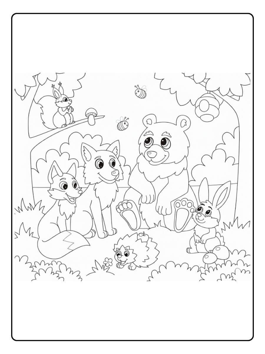 Ausmalbild Tiere im Wald Die große Waldfamilie