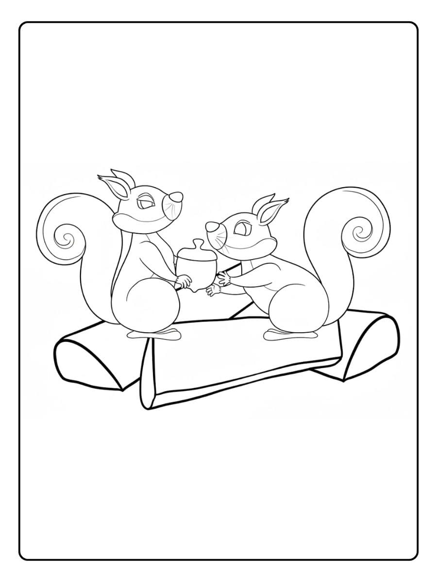 Ausmalbild Tiere im Wald Eichhörnchen mit Eichel auf Baumstamm