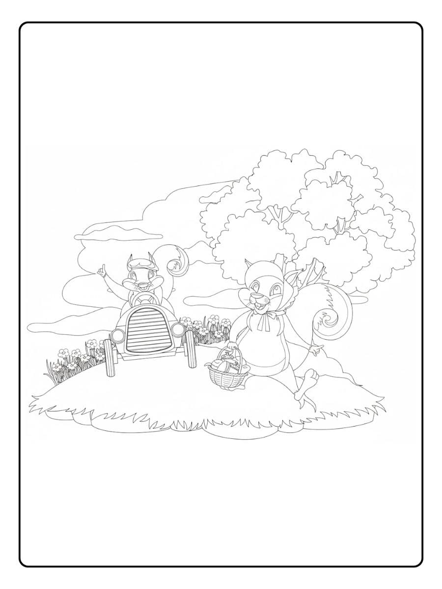 Ausmalbild Tiere im Wald Eichhörnchen mit riesigen Eicheln