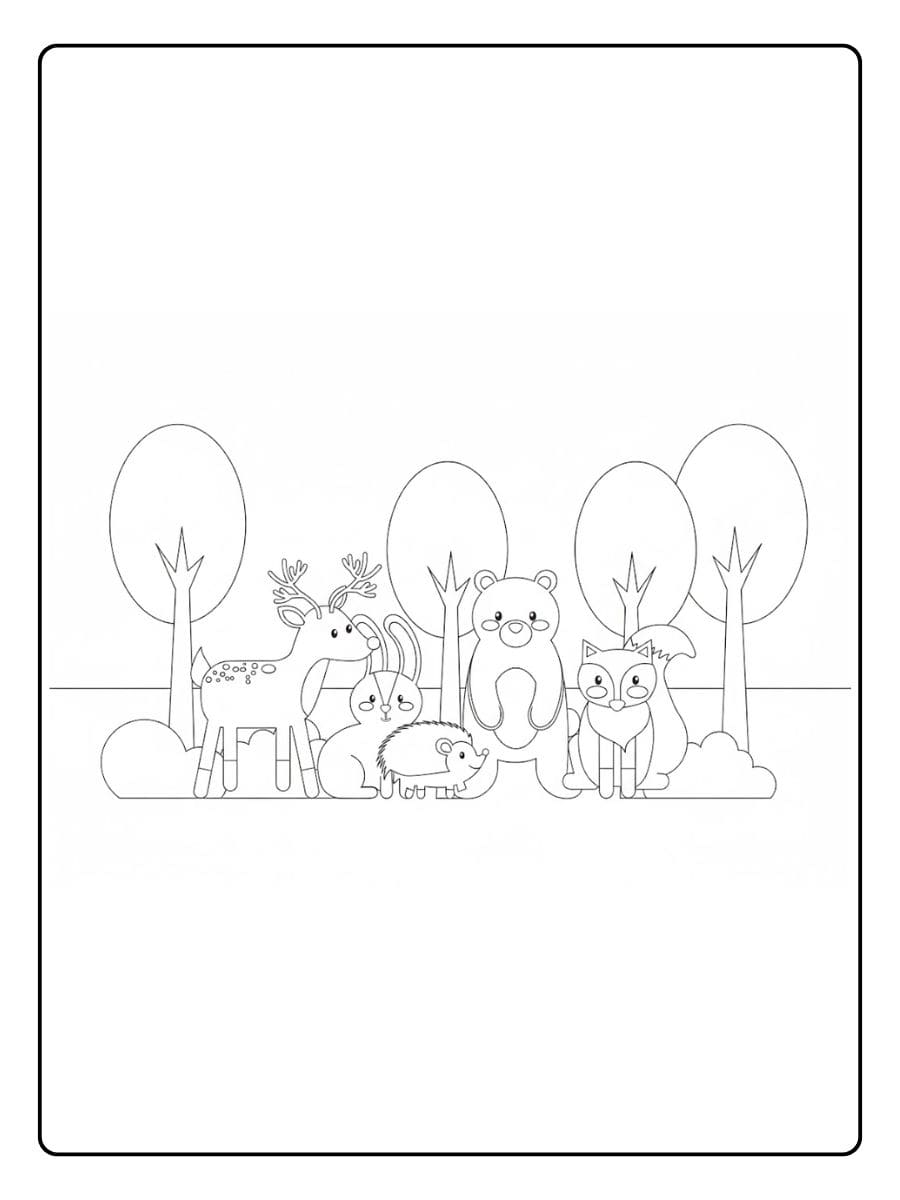 Ausmalbild Tiere im Wald Eichhörnchen und Freunde