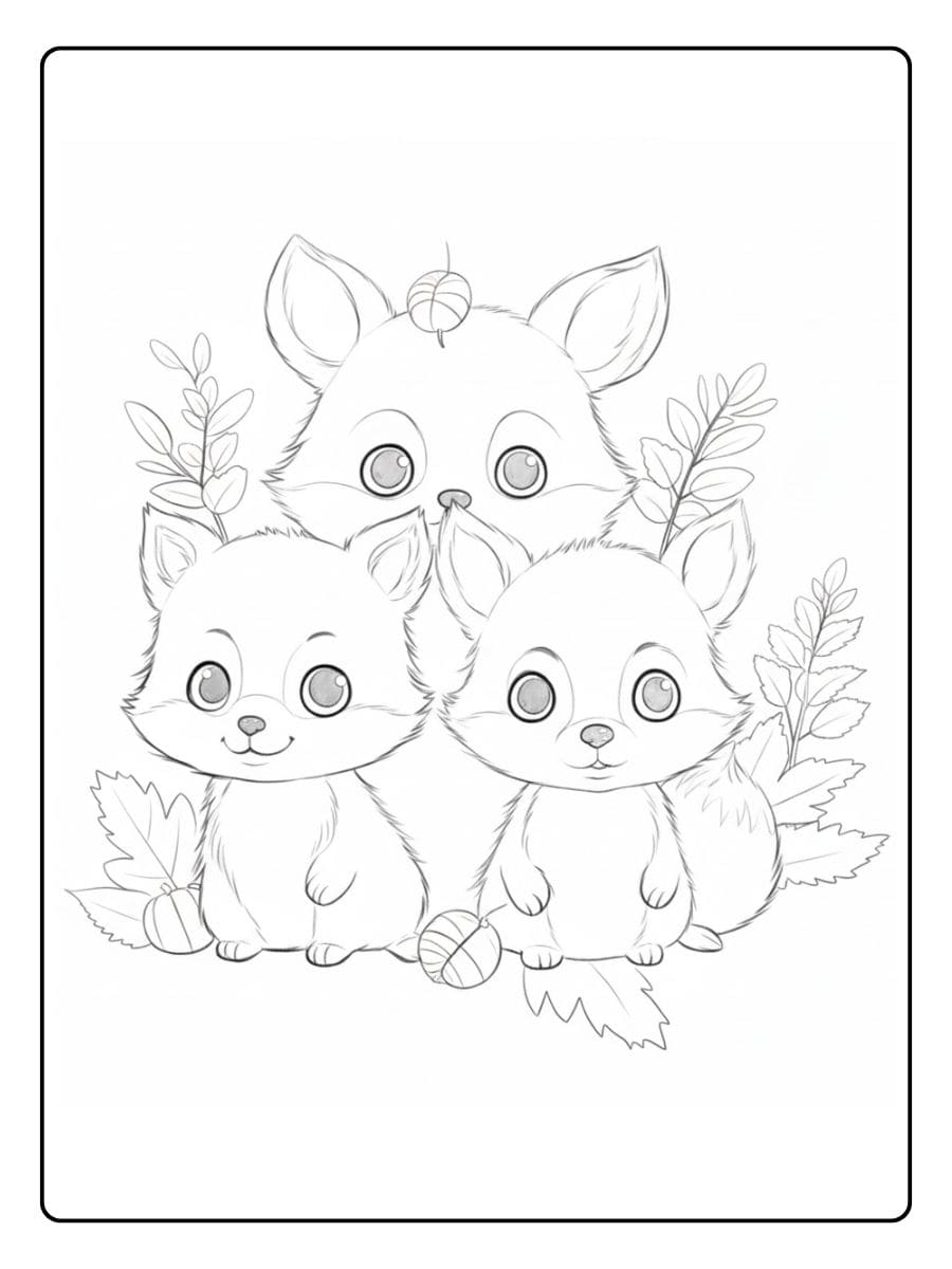 Ausmalbild Tiere im Wald Niedliche Eichhörnchen Familie