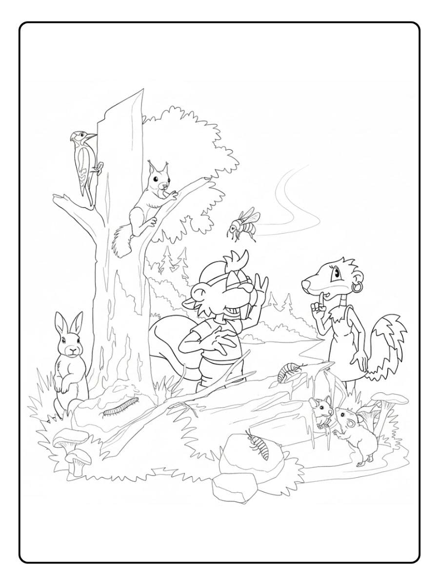 Ausmalbild Tiere im Wald Niedliches Eichhörnchen mit Nussvorrat