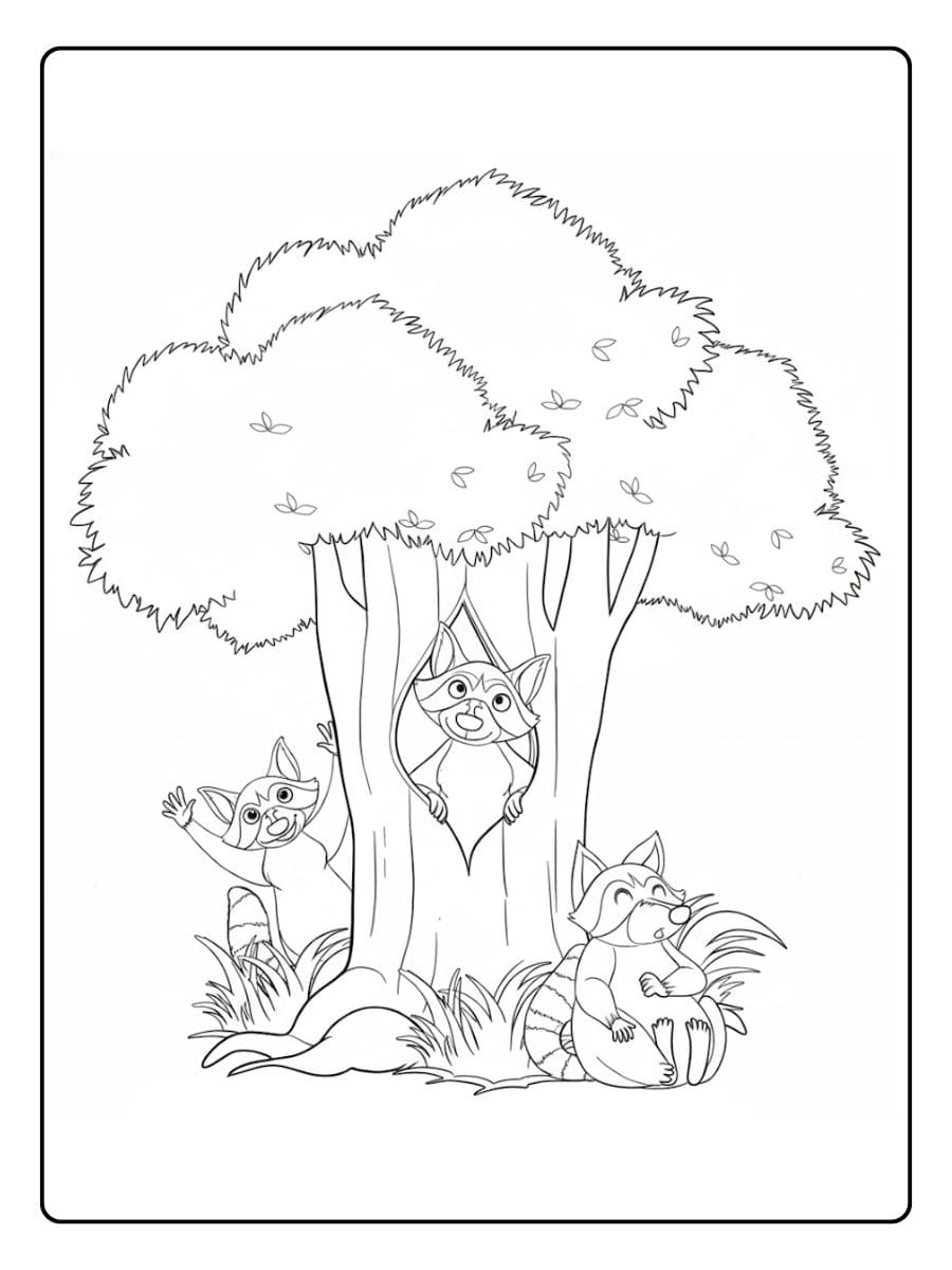 Ausmalbild Tiere im Wald Waschbären am Baum