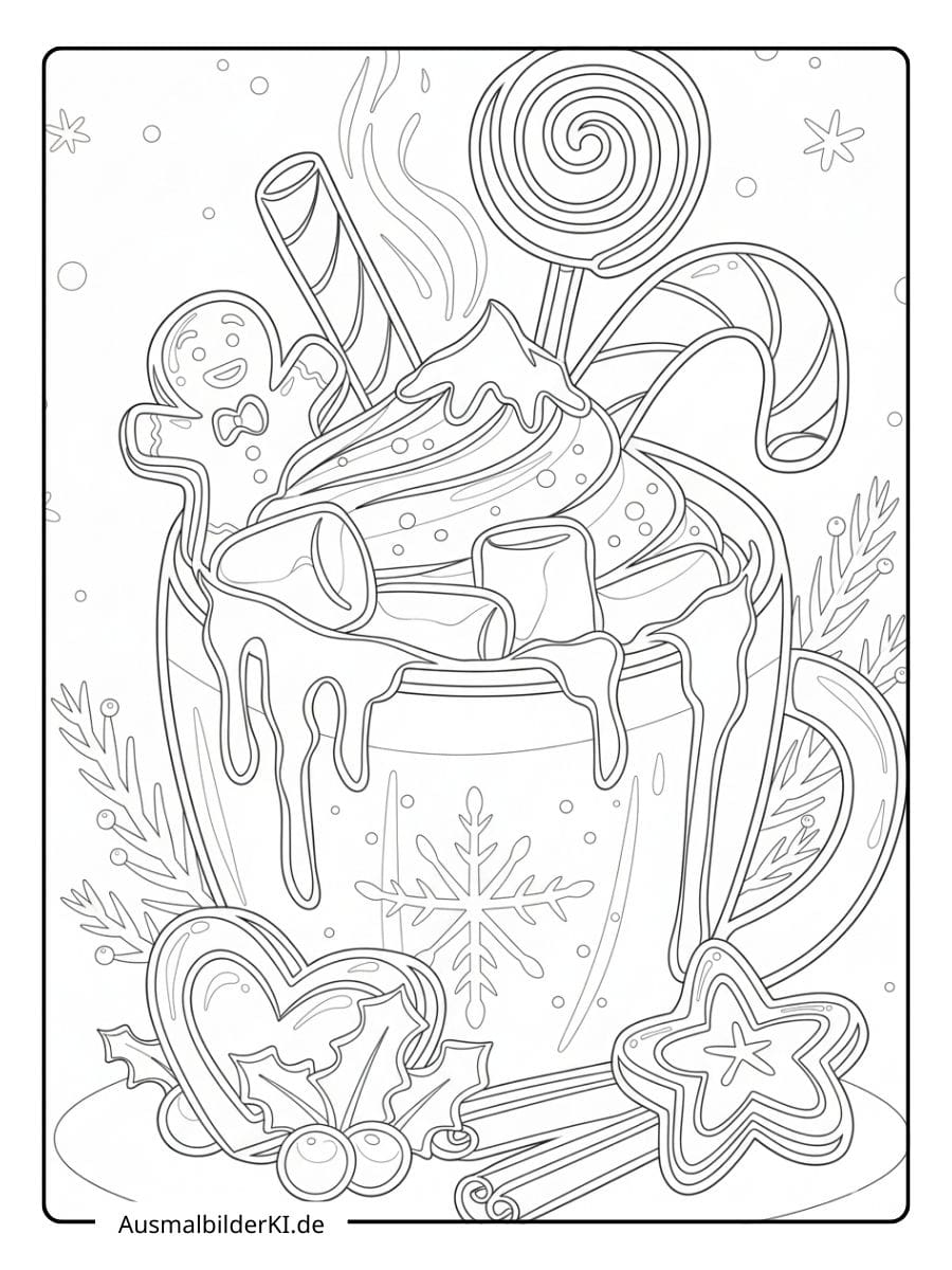 Detailliertes Ausmalbild einer leckeren heißen Schokolade in einer winterlichen Tasse, reichlich gefüllt mit Sahne, Zuckerstangen, Marshmallows und einem Lebkuchenmann.