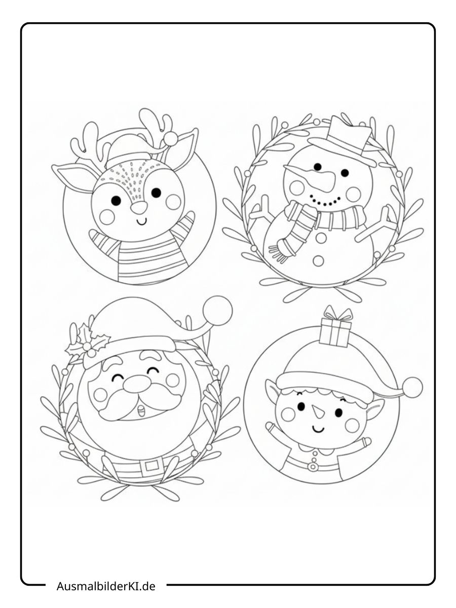 Süße Porträts von einem Rentier, einem Schneemann, einem lachenden Weihnachtsmann und einem kleinen Elfen.
