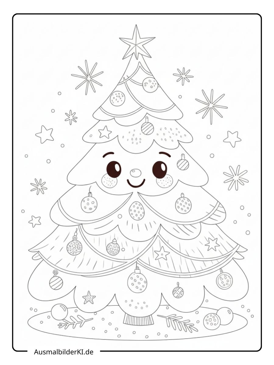 Ausmalbild von einem niedlichen Weihnachtsbaum mit einem fröhlichen Gesicht und großen Augen, festlich geschmückt mit Weihnachtskugeln und einem Stern auf der Spitze.