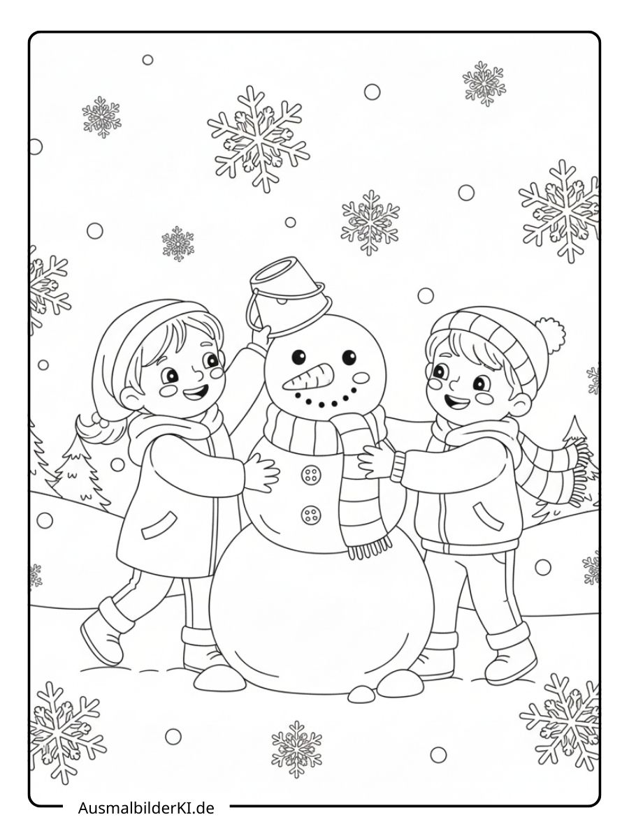 Ausmalbild von zwei fröhlichen Kindern in Winterkleidung, die gemeinsam einen Schneemann bauen.
