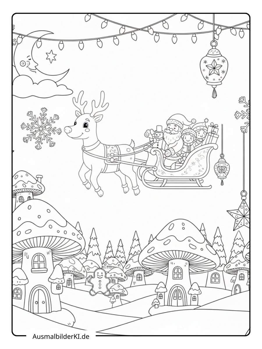 Der Weihnachtsmann fliegt in seinem Rentierschlitten über ein zauberhaftes Winterdorf voller Pilzhäuser und Tannenbäume.