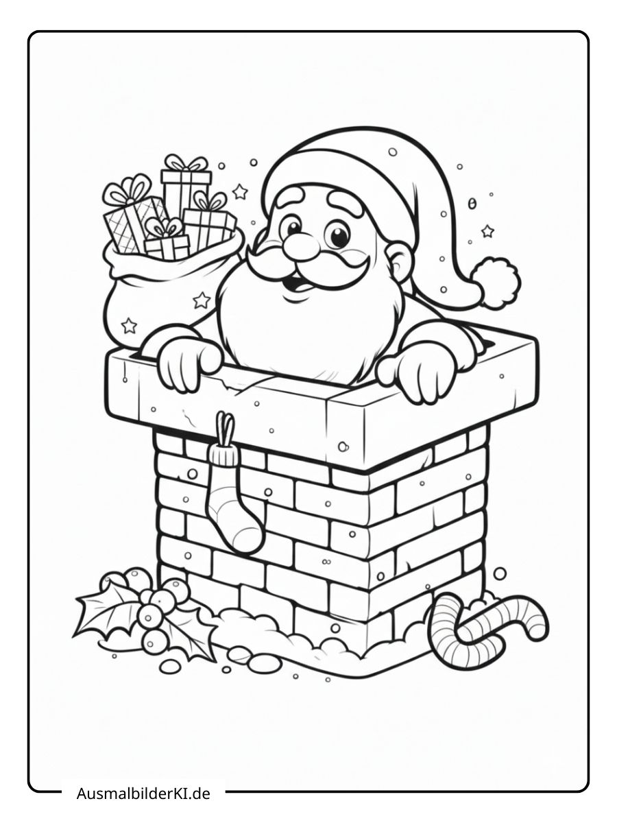 Ausmalbild von einem freundlichen Weihnachtsmann, der mit einem dicken Geschenkesack aus einem gemauerten Schornstein schaut.