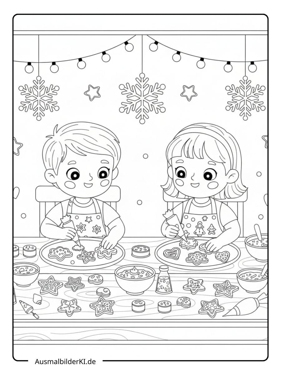 Ausmalbild von zwei fröhlichen Kindern mit Schürzen, die gemeinsam am Tisch sitzen und weihnachtliche Plätzchen mit Zuckerguss verzieren.