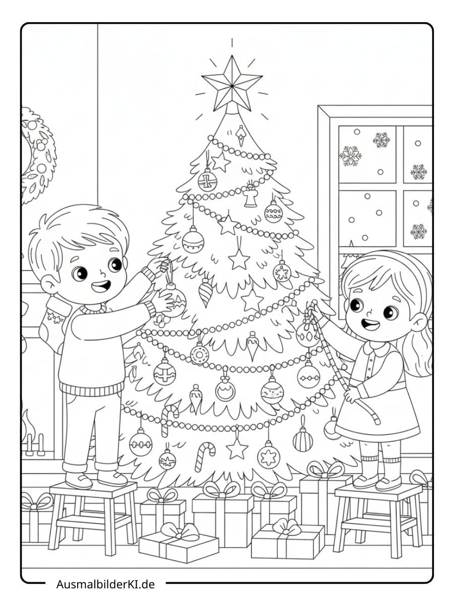 Ausmalbild von zwei fröhlichen Kindern, die gemeinsam einen großen Weihnachtsbaum schmücken.