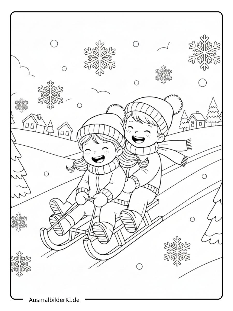 Ausmalbild von zwei fröhlichen Kindern, die im Schnee Schlitten fahren, mit vielen Schneeflocken im Hintergrund.
