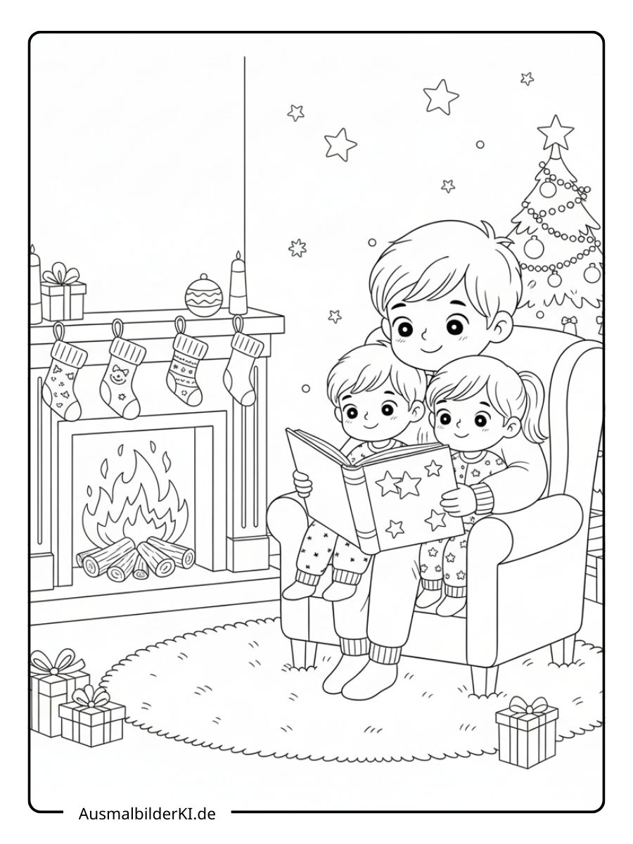 Ein Vater sitzt mit seinen zwei Kindern im Sessel und liest eine Weihnachtsgeschichte vor.