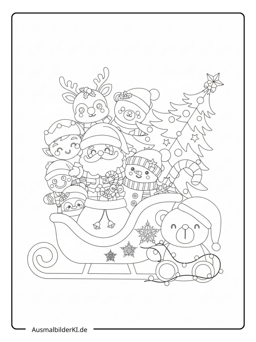 Ausmalbild von einem prall gefüllten Schlitten mit Weihnachtsmann, Schneemann, Rentier und Tannenbaum. Daneben sitzt ein süßer Teddybär mit einer Lichterkette.