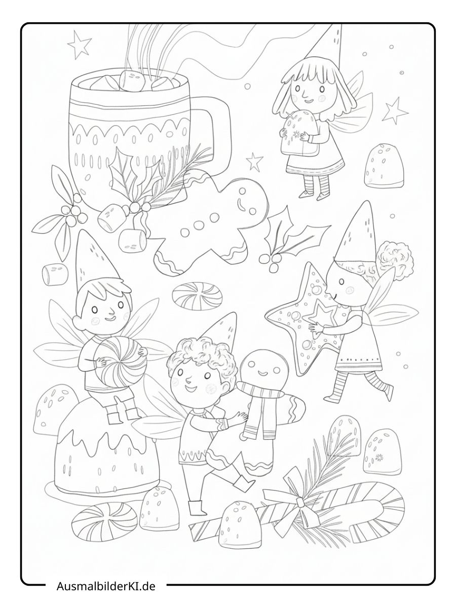 Kleine Feen mit spitzen Hüten spielen fröhlich zwischen riesigen Weihnachtssüßigkeiten.