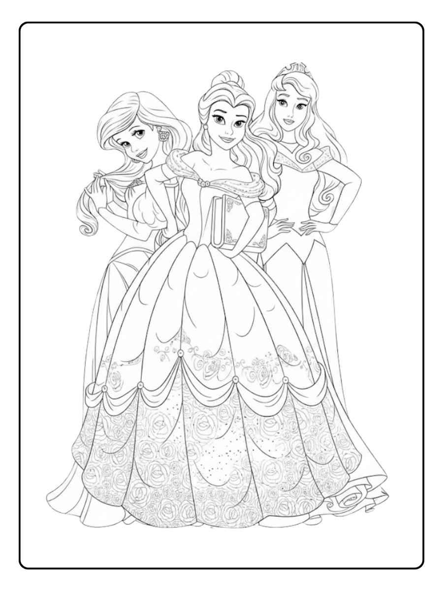 Ausmalbilder Disney Prinzessinnen Ariel, Belle und Aurora Malvorlage
