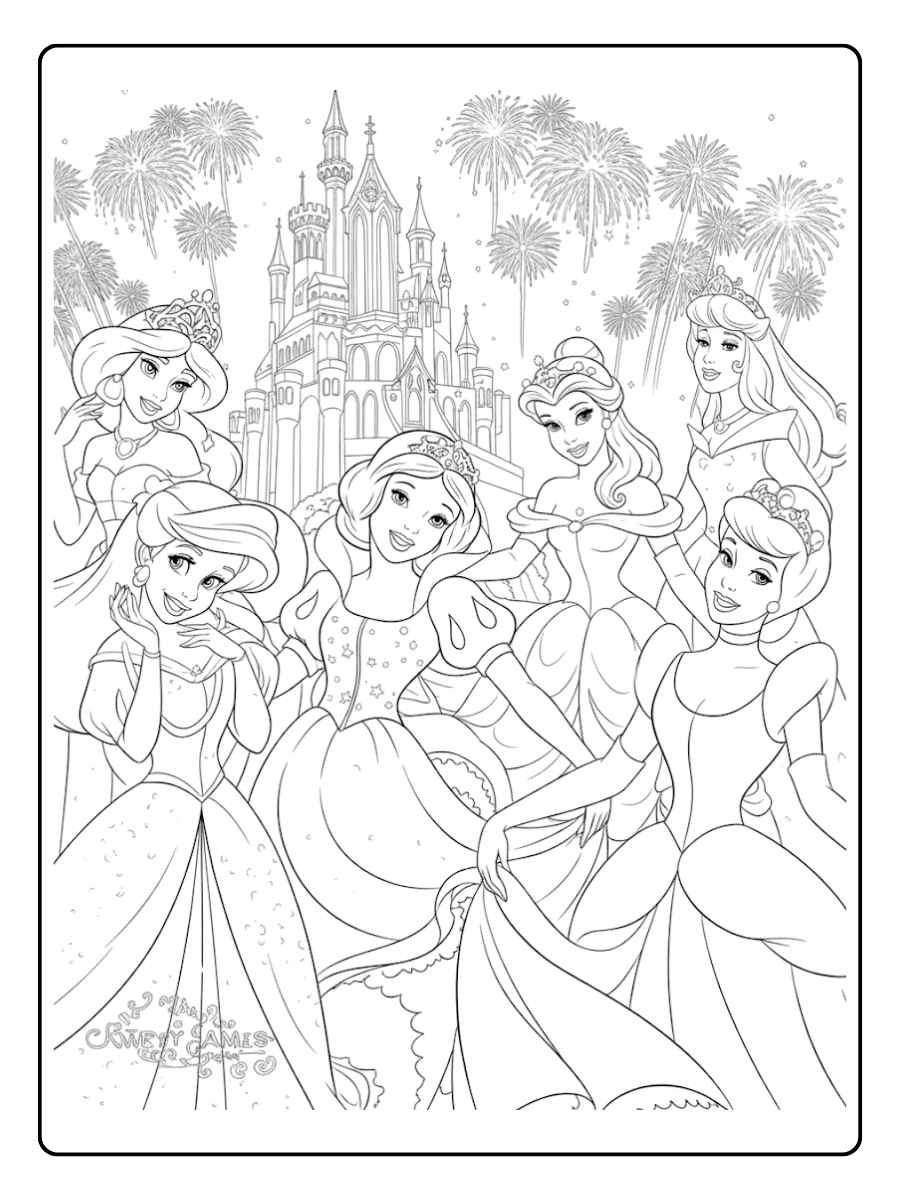 Ausmalbilder Disney Prinzessinnen Märchenhaftes Feuerwerk am Schloss