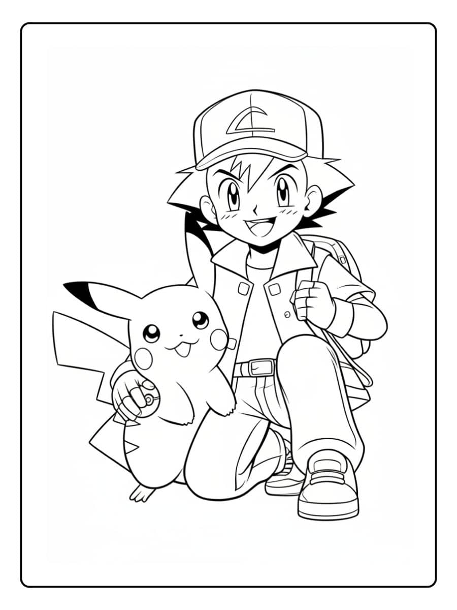 Ausmalbilder Pokemon - Pikachu und Satoshi