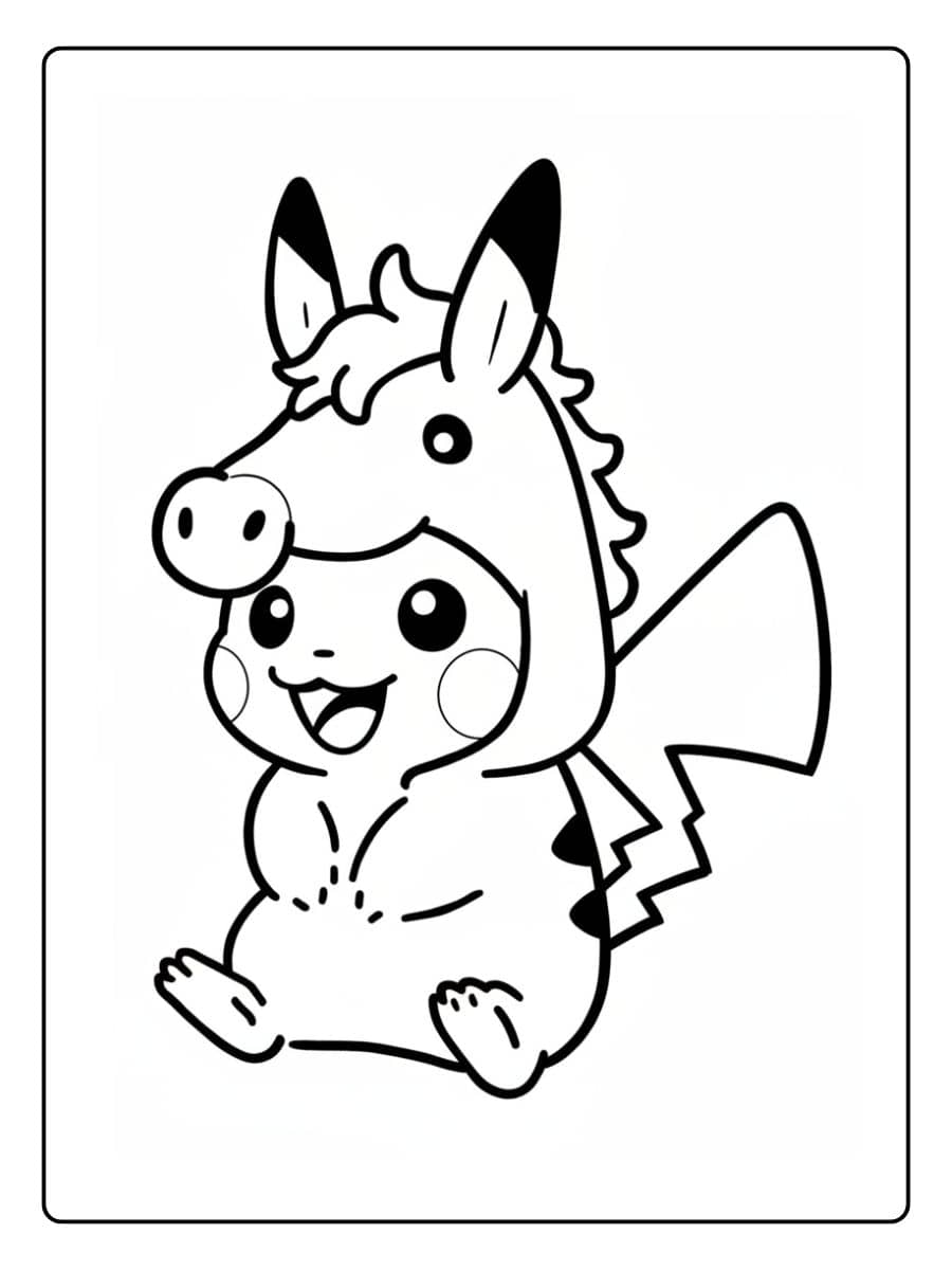 Ausmalbilder Pokemon - Pikachu-Cosplay als Pferd.