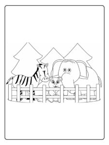 Ausmalbilder Tiere Zoo Affe, Elefant und Giraffe