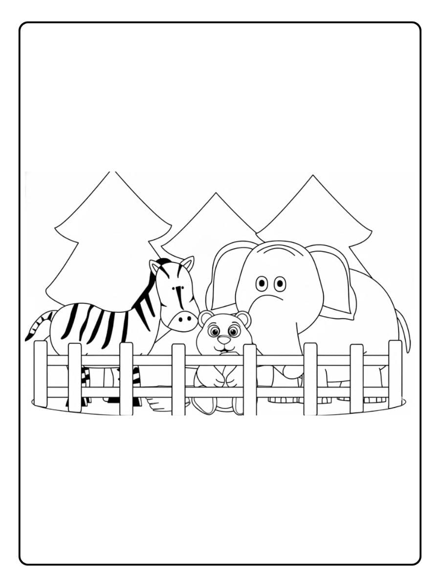 Ausmalbilder Tiere Zoo Affe, Elefant und Giraffe