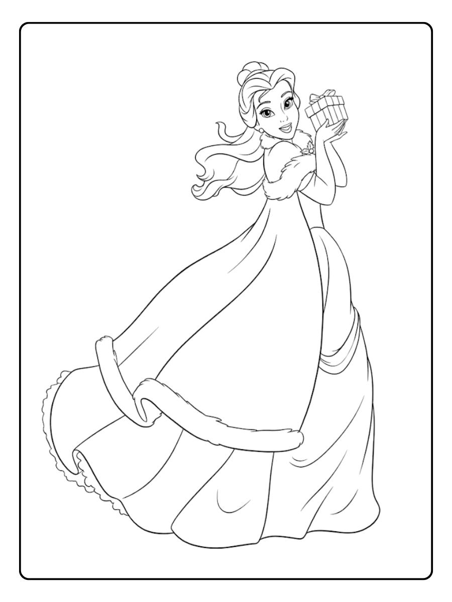 Ausmalbilder Weihnachten Disney Belle mit Weihnachtsgeschenk