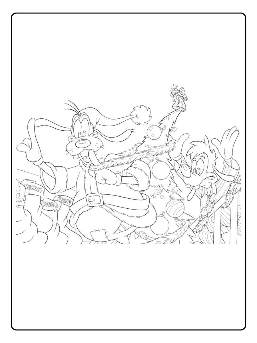 Ausmalbilder Weihnachten Disney Goofy und Max schmücken den Baum