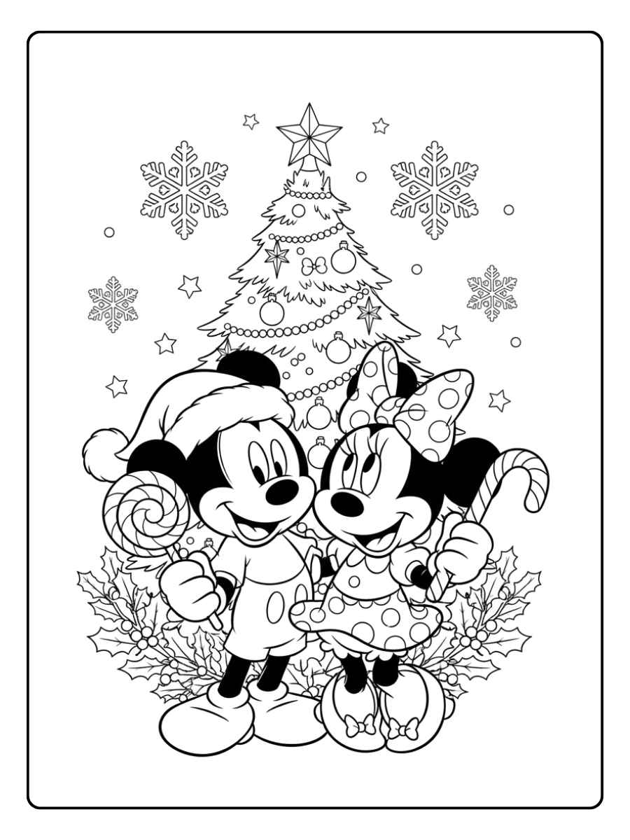 Ausmalbilder Weihnachten Disney Micky und Minnie im Festtagsglanz