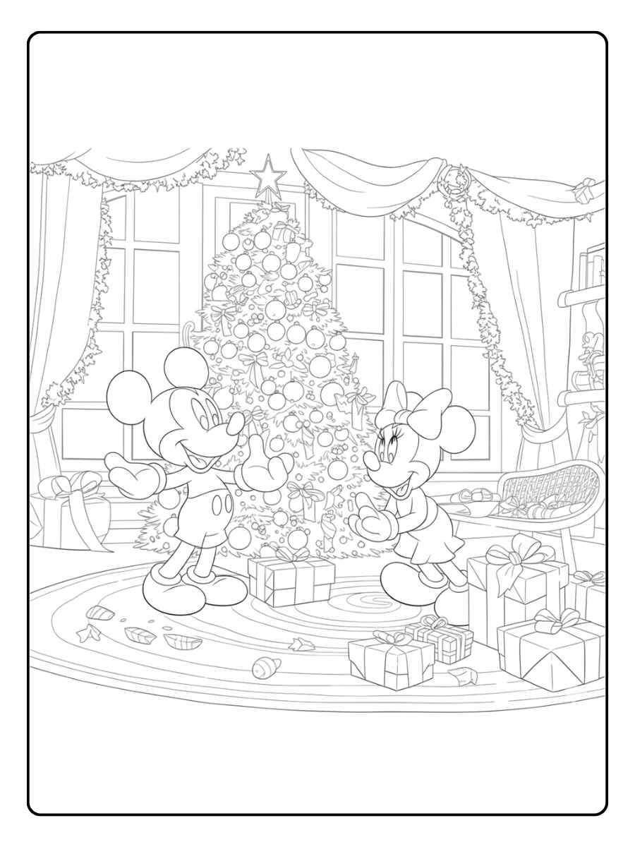 Ausmalbilder Weihnachten Disney Micky und Minnie unter dem Weihnachtsbaum