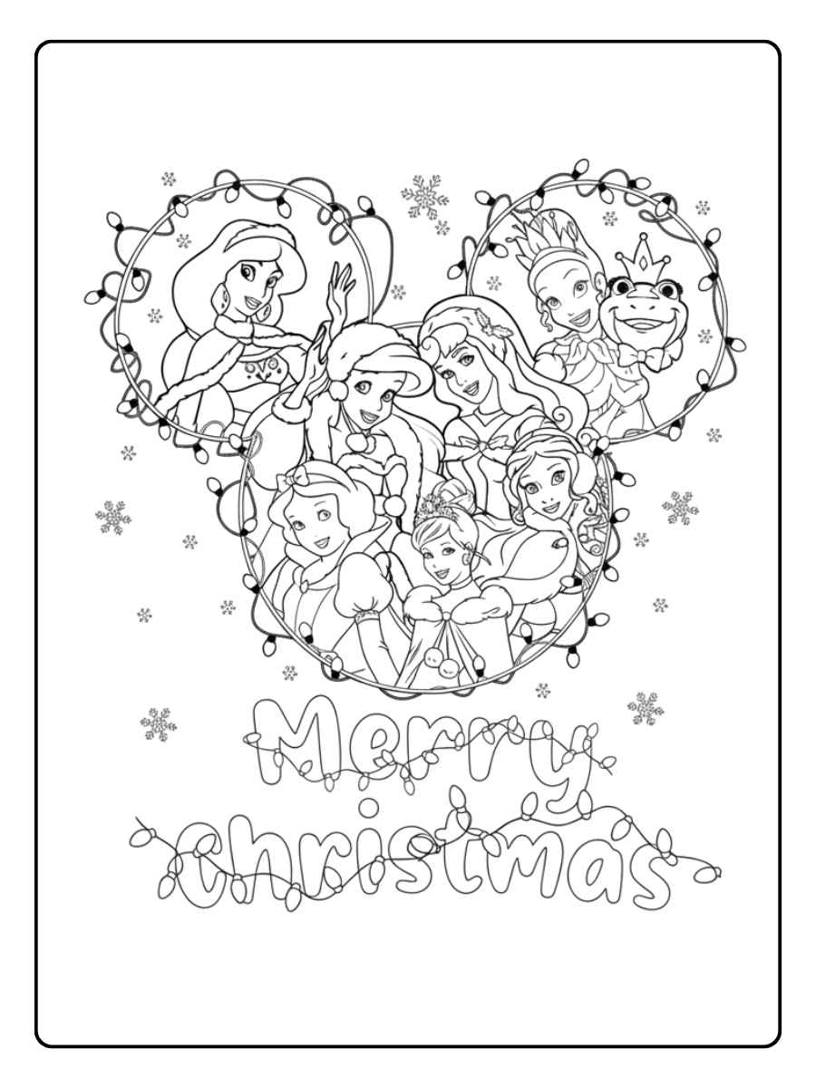 Ausmalbilder Weihnachten Disney Prinzessinnen im Lichterglanz
