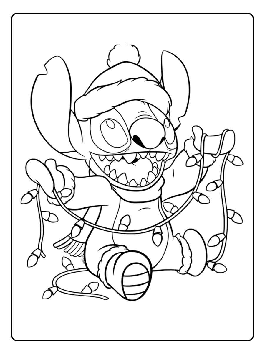 Ausmalbilder Weihnachten Disney Stitch im Lichterketten Chaos