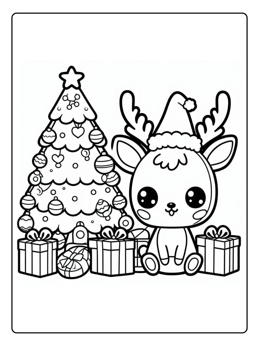 Ausmalbilder Weihnachten Rentier - Vor dem Baum