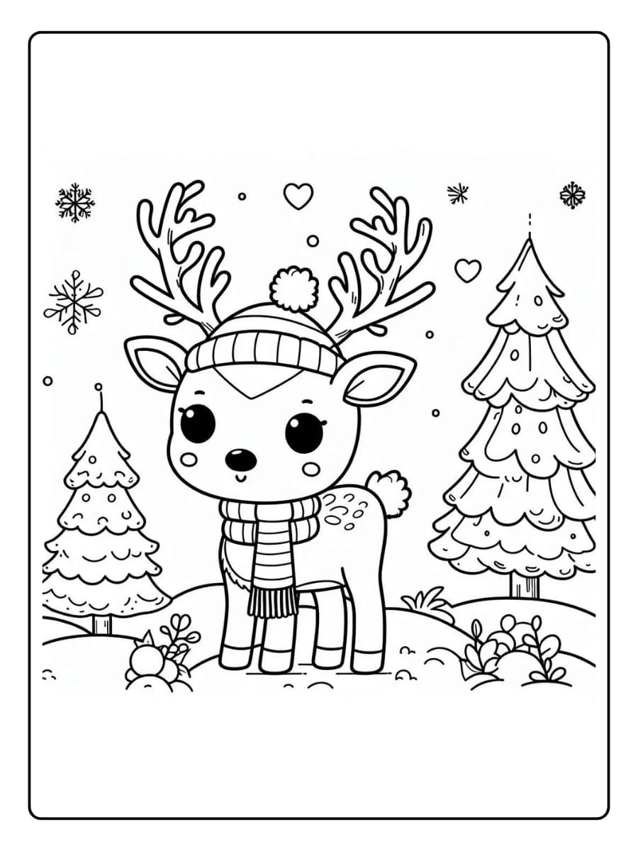 Ausmalbilder Weihnachten Rentier - Im verschneiten Wald
