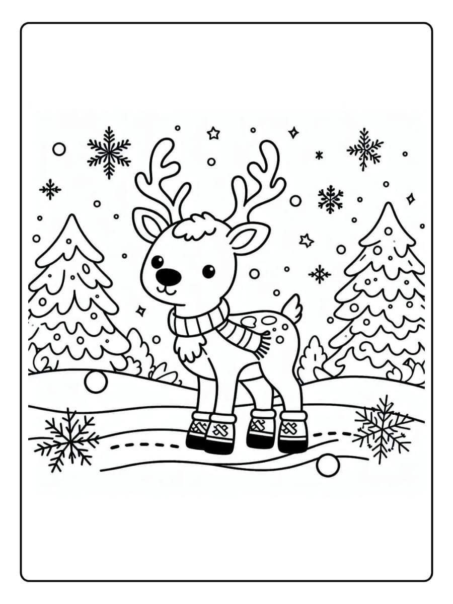 Ausmalbilder Weihnachten Rentier - Lächelnd im Schnee