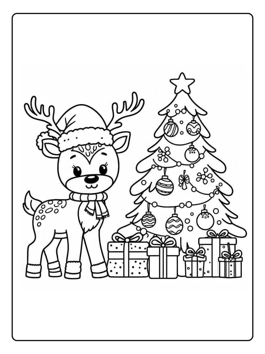 Ausmalbilder Weihnachten Rentier - Mit Weihnachtsbaum