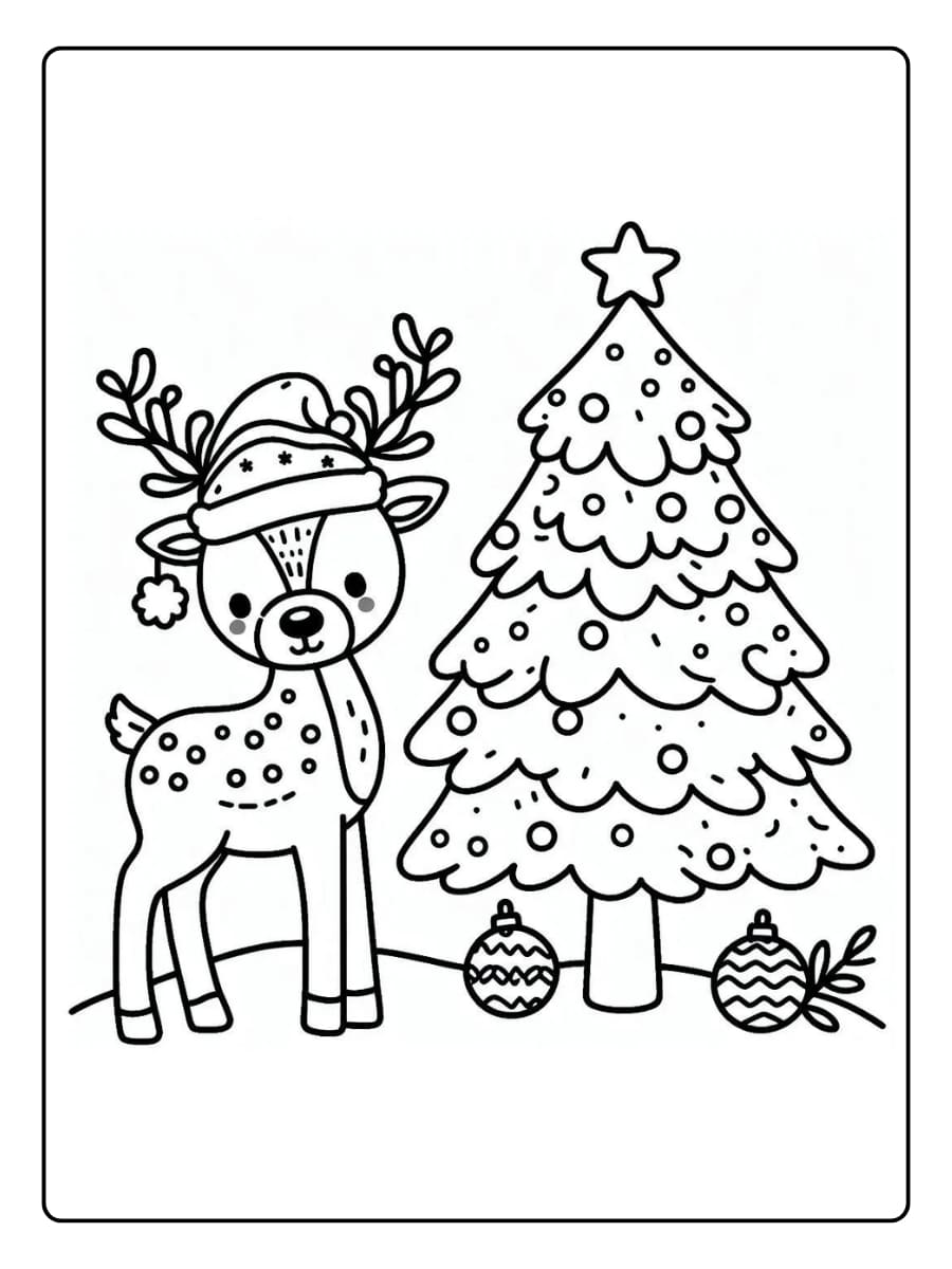 Ausmalbilder Weihnachten Rentier - Neben Tannenbaum