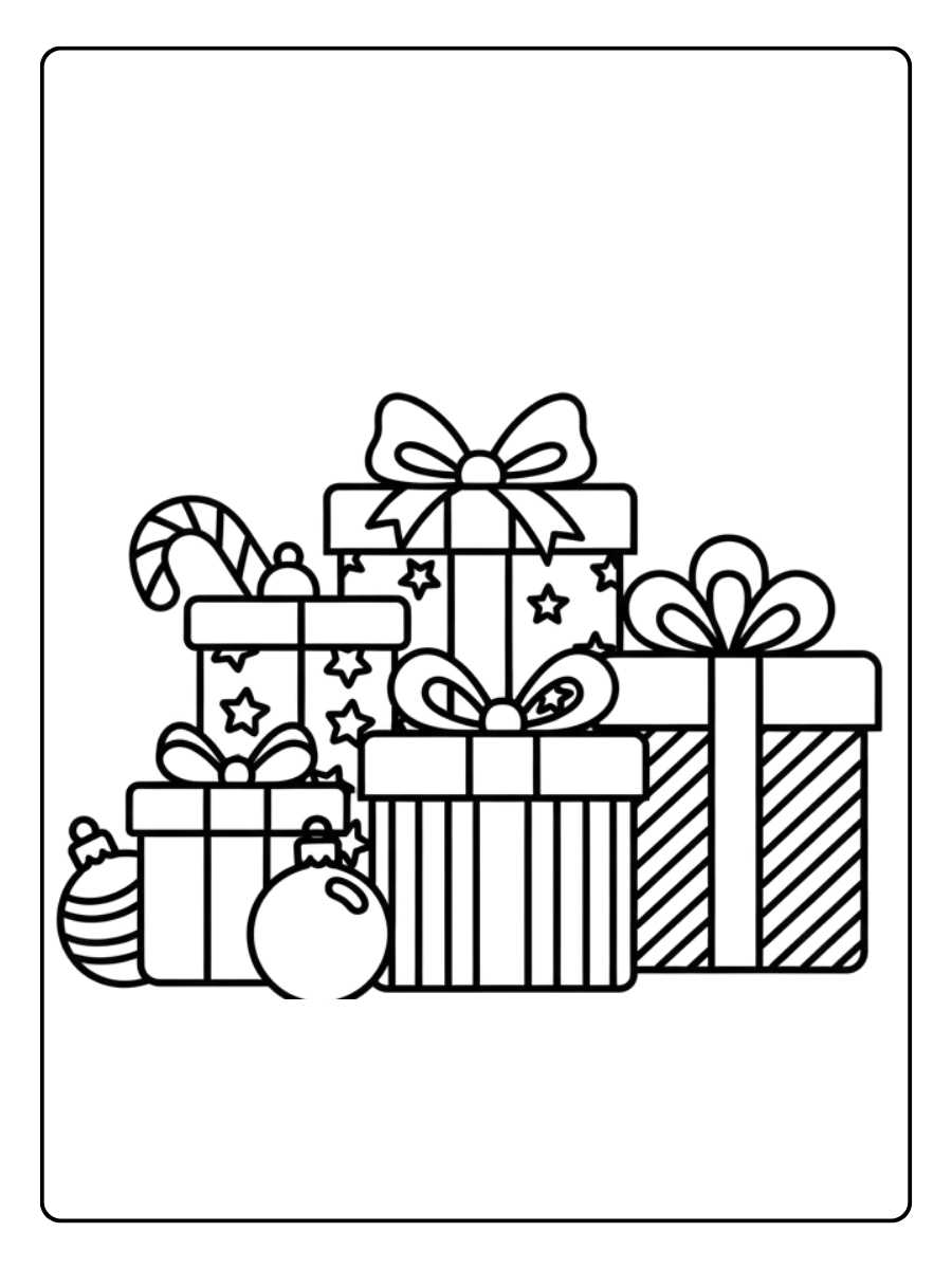 Ausmalbild von einem großen Stapel wunderschön verpackter Weihnachtsgeschenke mit dicken Schleifen, verziert mit Sternen- und Streifenmustern.
