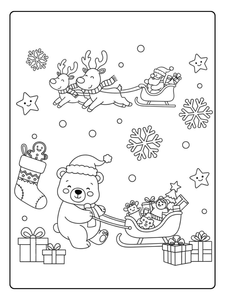 Ein fliegender Weihnachtsmann im Rentierschlitten und ein süßer Eisbär, der einen Schlitten voller Geschenke zieht.