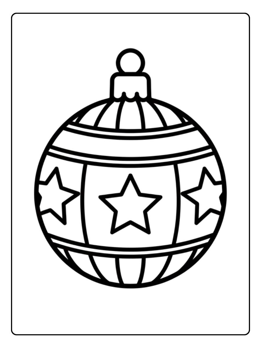 Einfaches Ausmalbild einer schönen Weihnachtskugel, verziert mit einem großen Sternenmuster, ideal für jüngere Kinder.