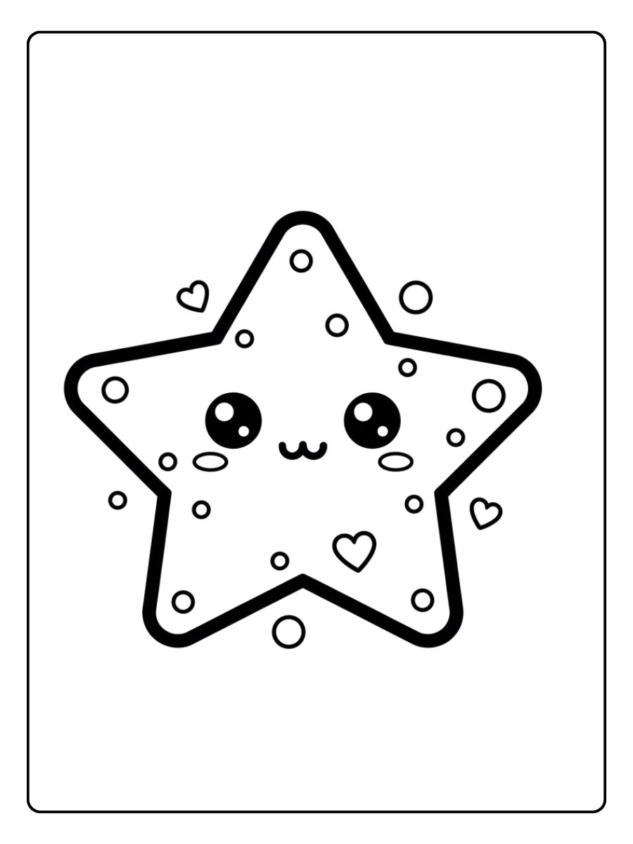 Einfaches Ausmalbild von einem niedlichen Weihnachtsstern mit süßem Gesicht, großen Kulleraugen und kleinen Herzen drumherum.