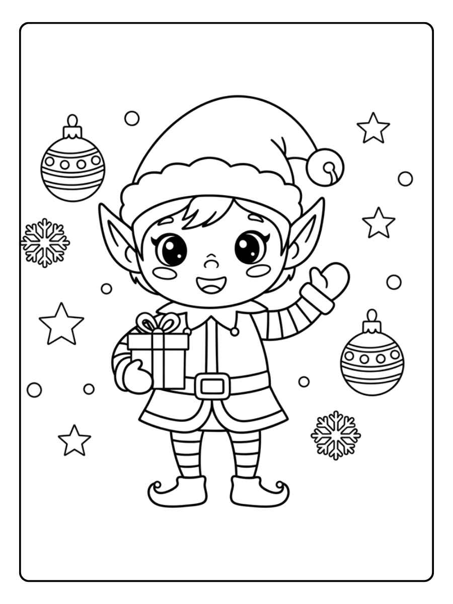 Ausmalbild von einem niedlichen Weihnachtselfen mit großen Augen, der ein Geschenk hält und winkt, umgeben von Schneeflocken und Weihnachtskugeln.
