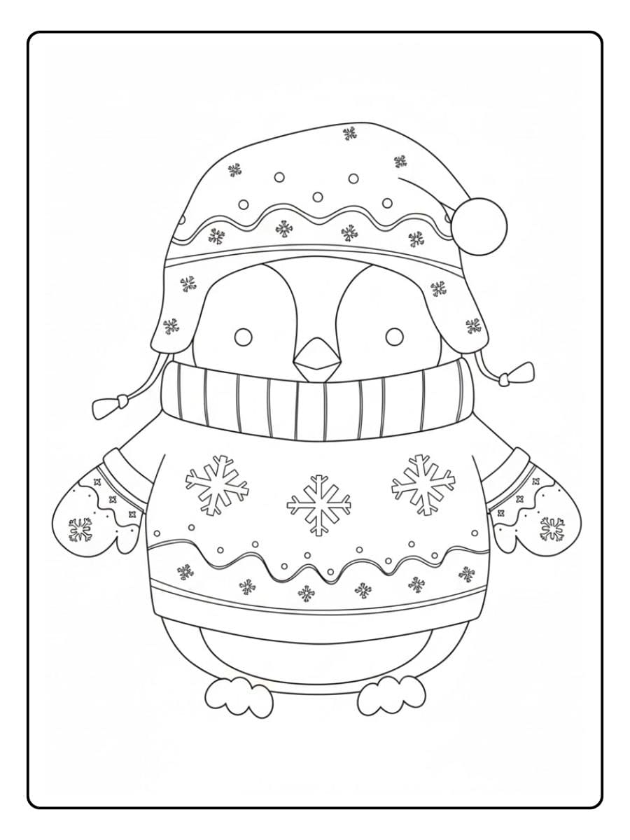 Ausmalbilder Winter Tiere Pinguin mit Mütze und Pullover